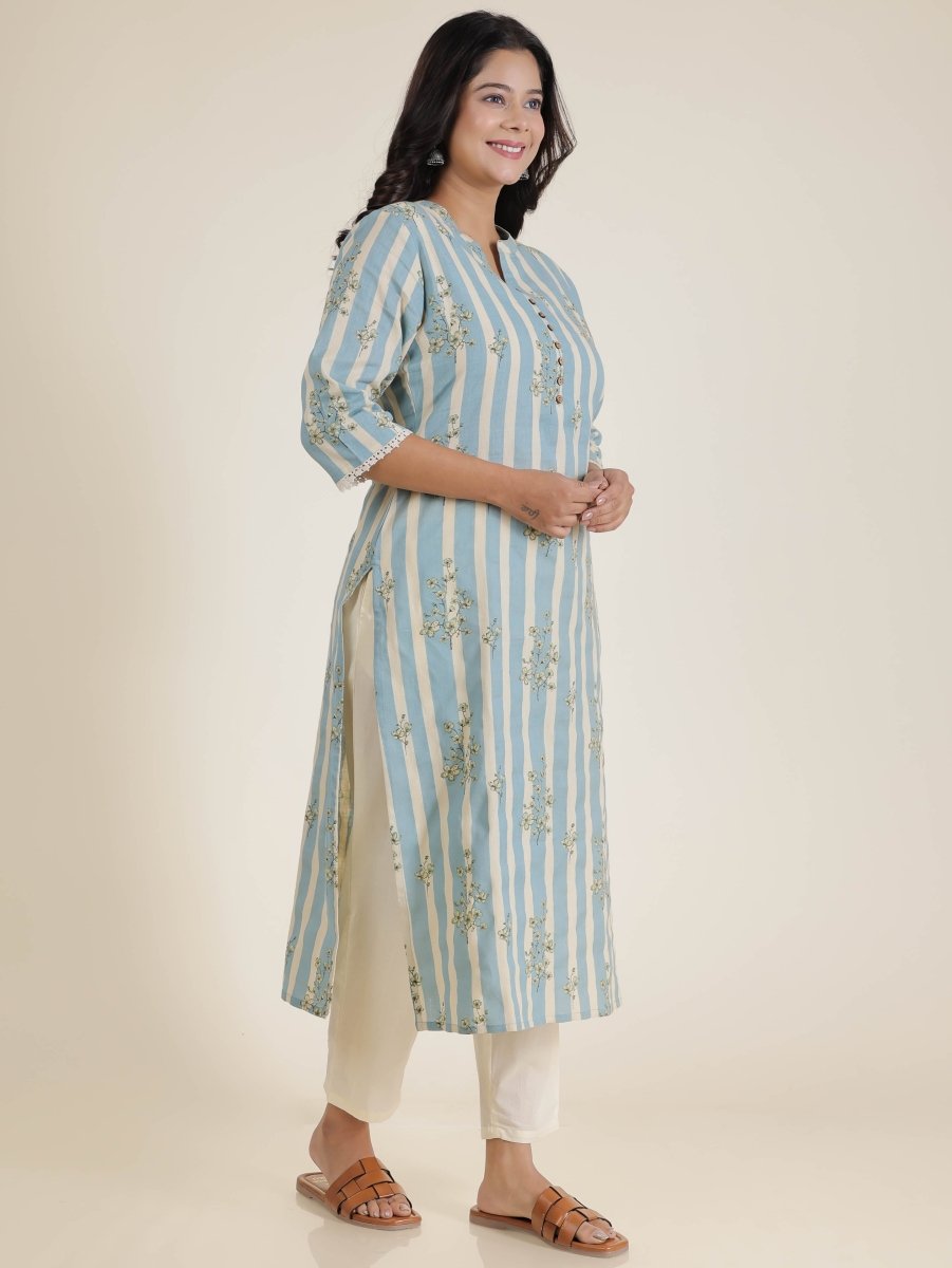 Aramya Straight Linen Cotton Striped Print Women's Kurta - Blue | Grocsy