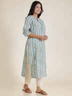 Aramya Straight Linen Cotton Striped Print Women's Kurta - Blue | Grocsy