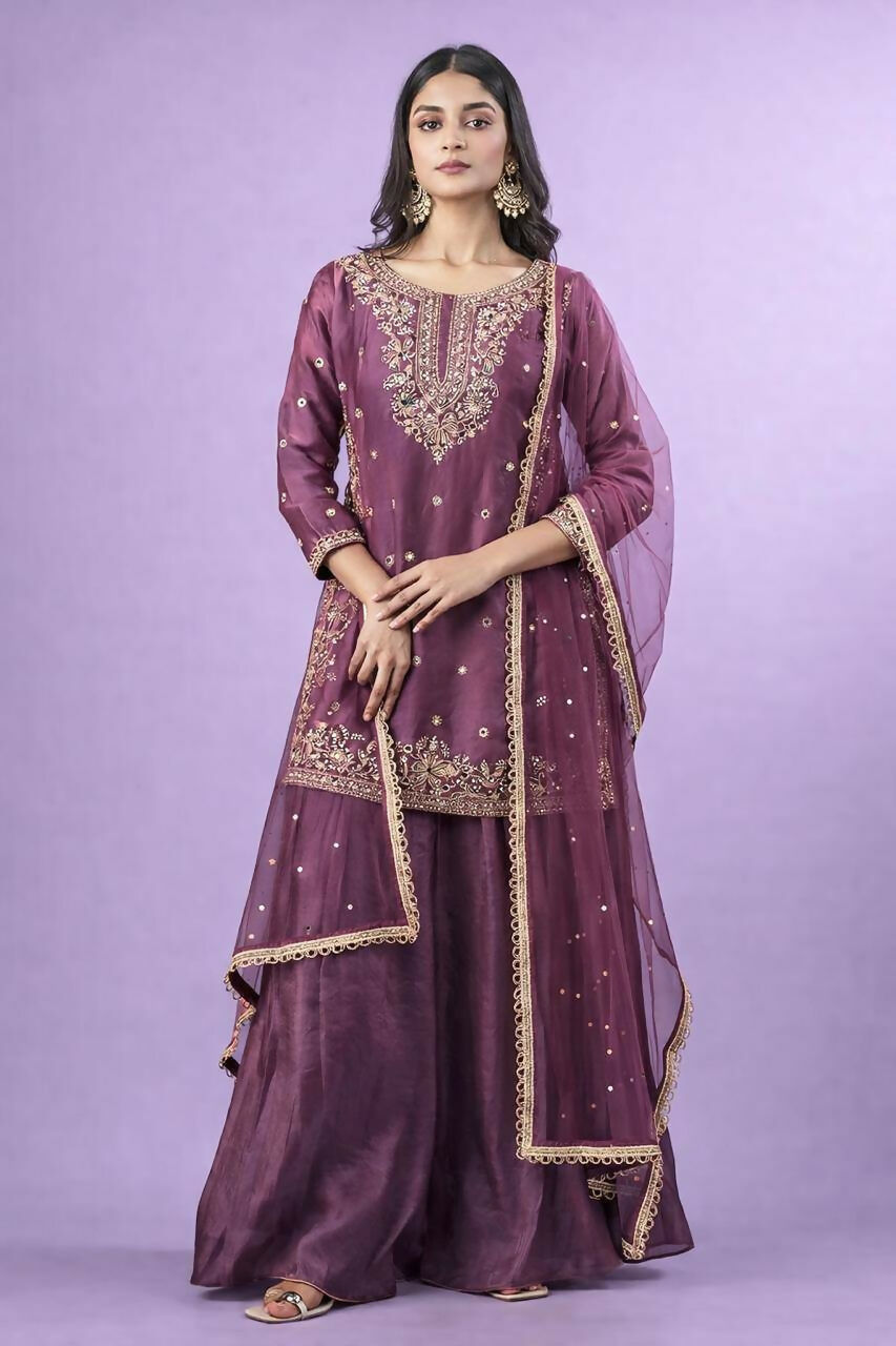 Teeya Creation New Trendy Womens Wedding Wear Kurta Palazzo Set - Pink | Grocsy