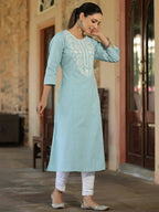 Juniper Women's Blue Cotton Flex Embroidered Straight Kurta | Grocsy