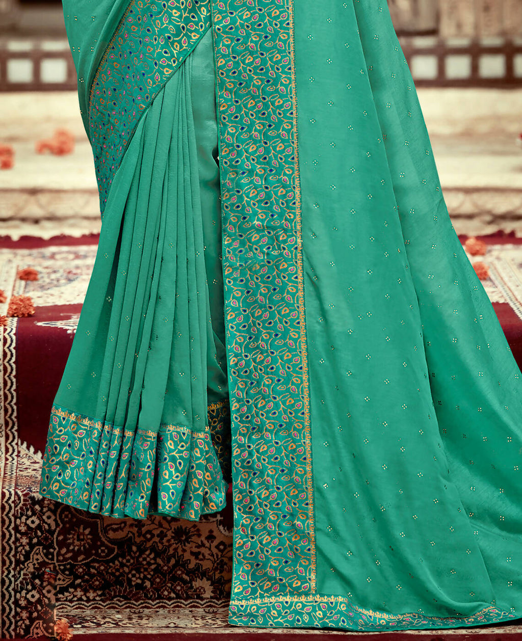 Sea Green Vichitra Stone Work Saree With Unstitched Blouse Piece - Rosy | Grocsy