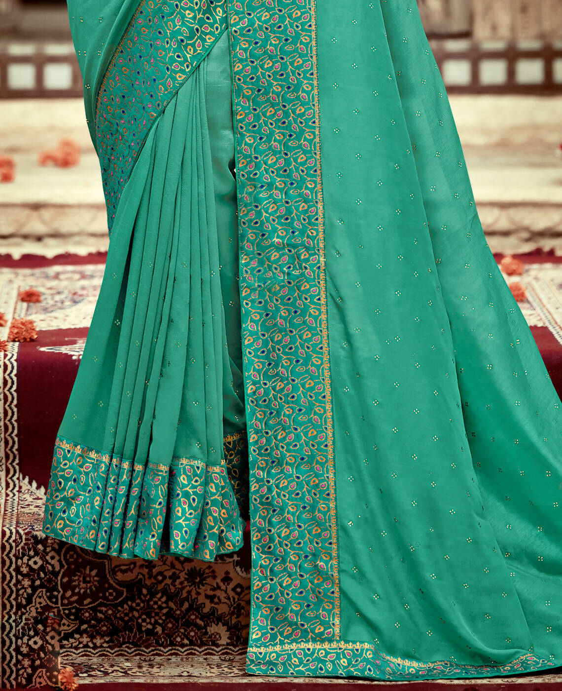 Sea Green Vichitra Stone Work Saree With Unstitched Blouse Piece - Rosy | Grocsy