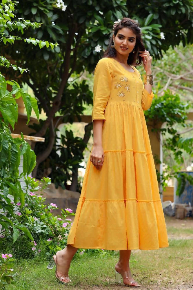 Yufta Yellow Cotton Dobby Dress | Grocsy