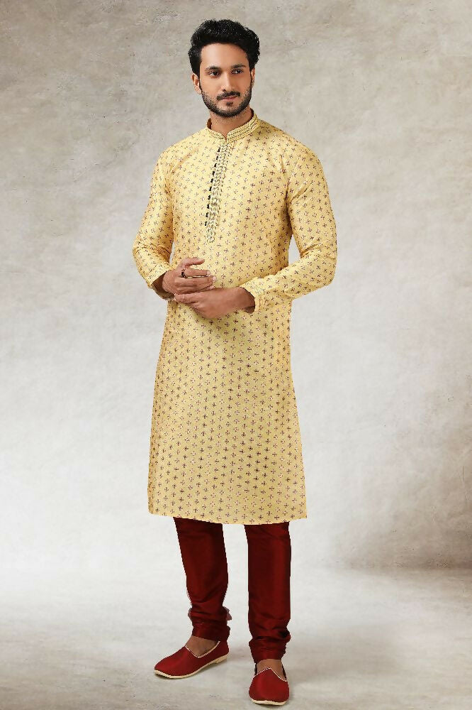 Raivat Ethnic Art Silk Printed Work Kurta Pajama In Yellow Colour | Grocsy