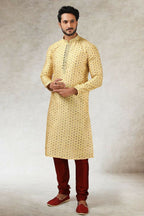 Raivat Ethnic Art Silk Printed Work Kurta Pajama In Yellow Colour | Grocsy