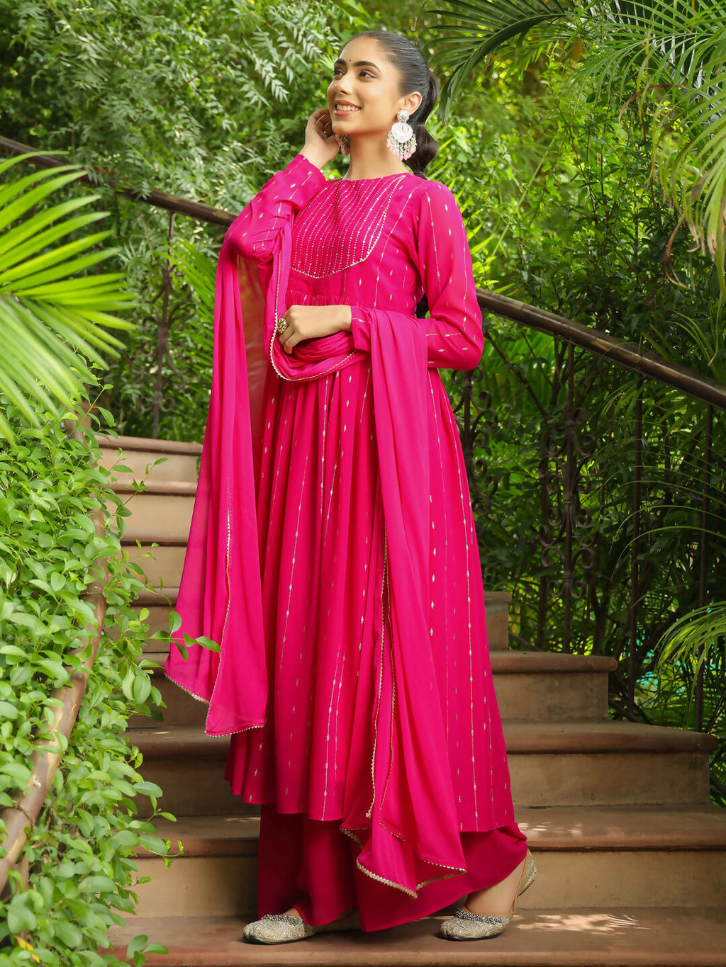 Janasya Pink Georgette Foil Print Kurta,Bottom & Dupatta | Grocsy