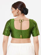 Joban Fashion Mehendi-Green Taffeta Silk Elbow Sleeveless Front Open Blouse | Grocsy