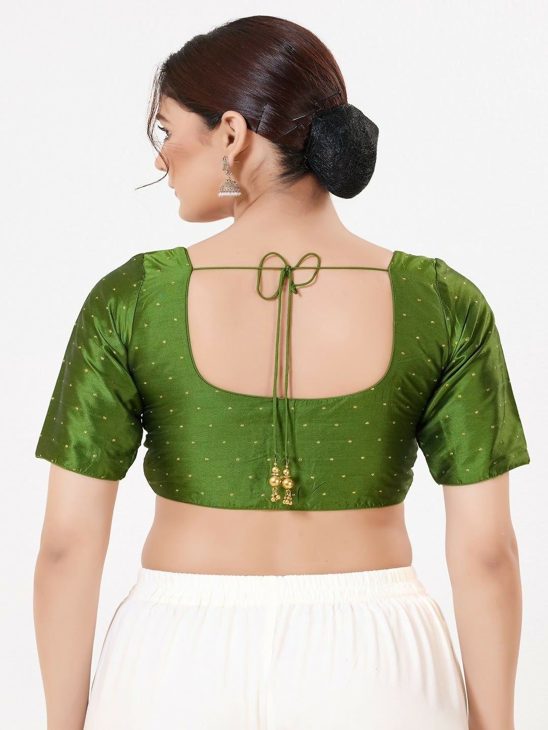 Joban Fashion Mehendi-Green Taffeta Silk Elbow Sleeveless Front Open Blouse | Grocsy