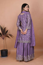 Teeya Creation Lavender Chinon Embroidery Work Party Wear Palazzo Suit | Grocsy