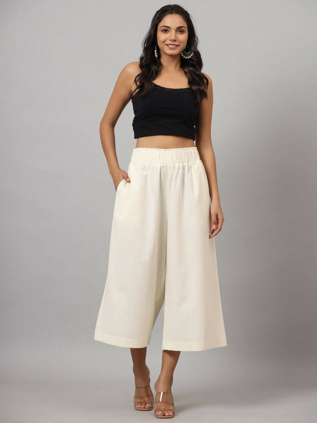Juniper Women's Ivory Cotton Flex Flared Culottes | Grocsy