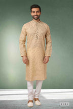 Raivat Ethnic Cotton Printed Work Kurta Pajama In Beige Colour | Grocsy