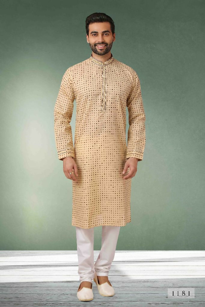 Raivat Ethnic Cotton Printed Work Kurta Pajama In Beige Colour | Grocsy