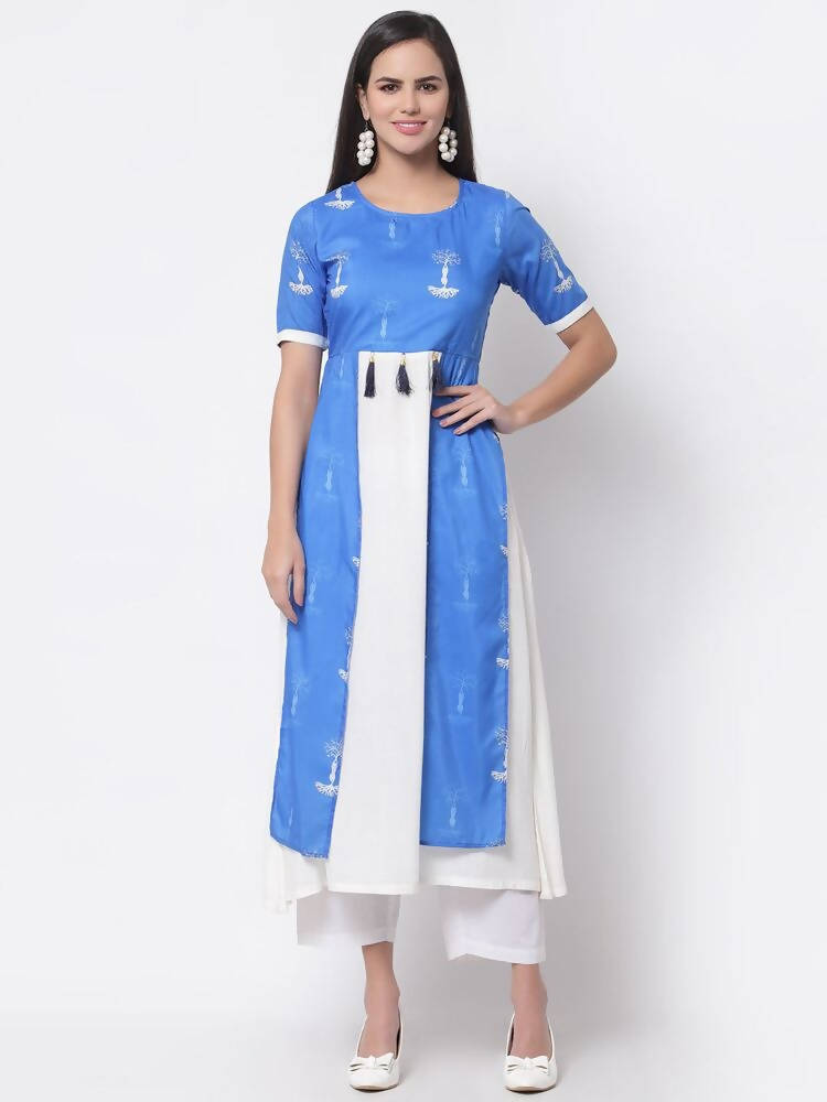 Myshka Viscose Printed 3/4 Sleeve Round Neck Casual Blue Women's dress | Grocsy