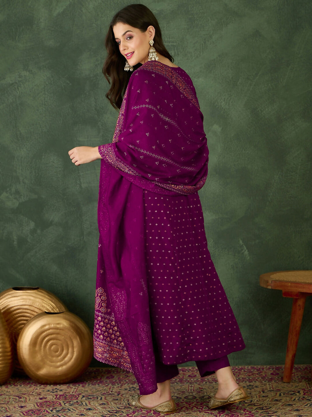 The52 Wine Women's Gorgeous Embroidered Work Vichitra Silk Fabric Flared Kurta Pant and Dupatta Set | Grocsy