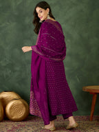 The52 Wine Women's Gorgeous Embroidered Work Vichitra Silk Fabric Flared Kurta Pant and Dupatta Set | Grocsy