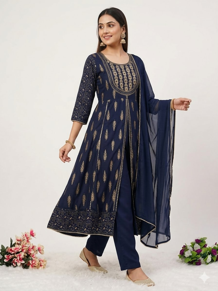 Teeya Creation Women's Navy Blue Fully Stitched Ethnic Kurta With Pant And Dupatta | Grocsy