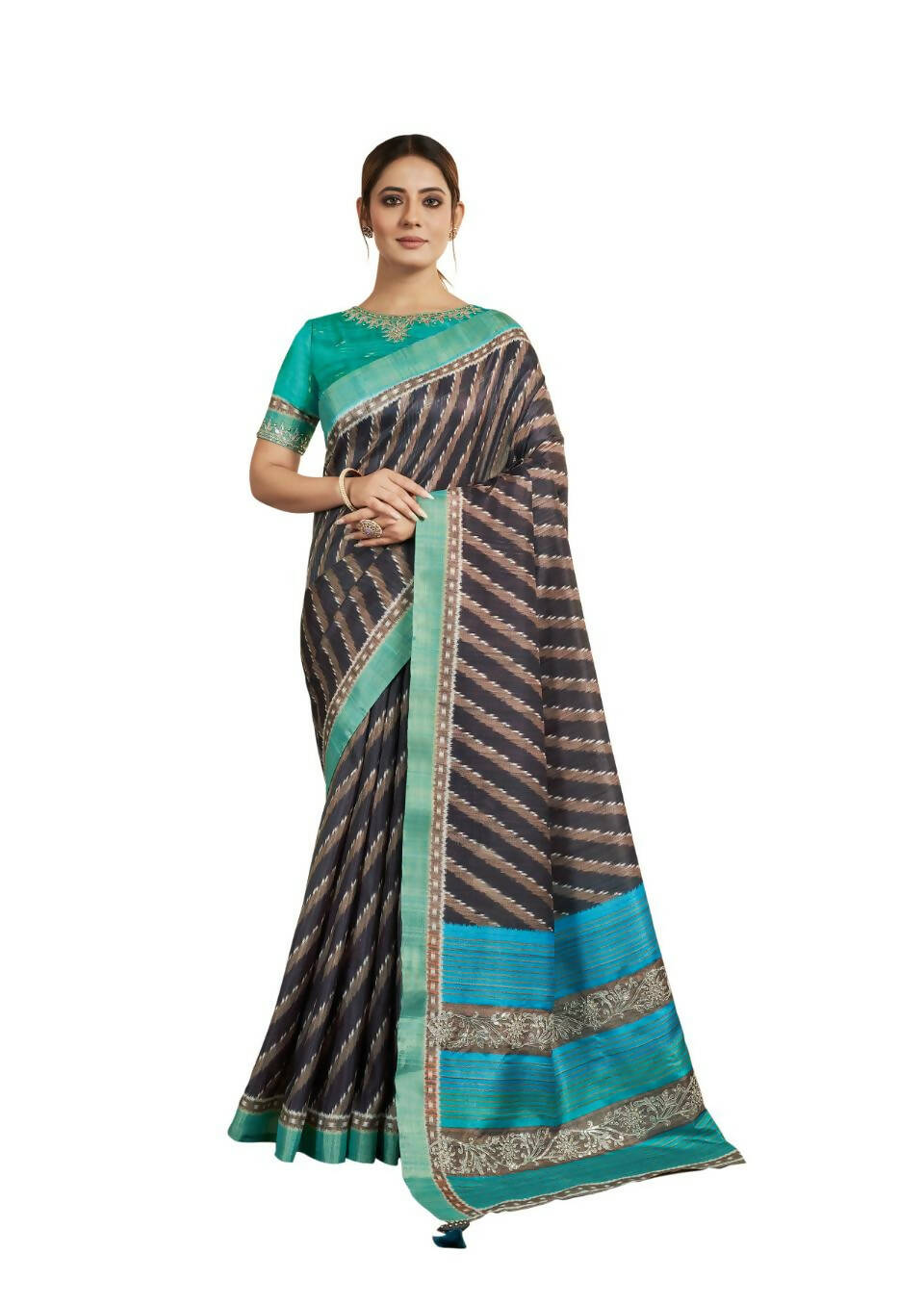 Navy Blue Bhagalpuri Silk Stripe printed with Stone Work & Hand Work Saree - Norita Nirvi | Grocsy