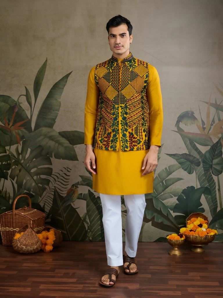 Vastranavya Yellow Exclusive Festival Viscose Silk Thread & Swarovski Embroidered Work Mens Wear Kurta & Koti | Grocsy