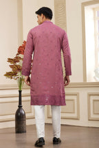 Raivat Ethnic Men's Art Silk Thread Work Kurta Pyjama In Mauve Colour | Grocsy