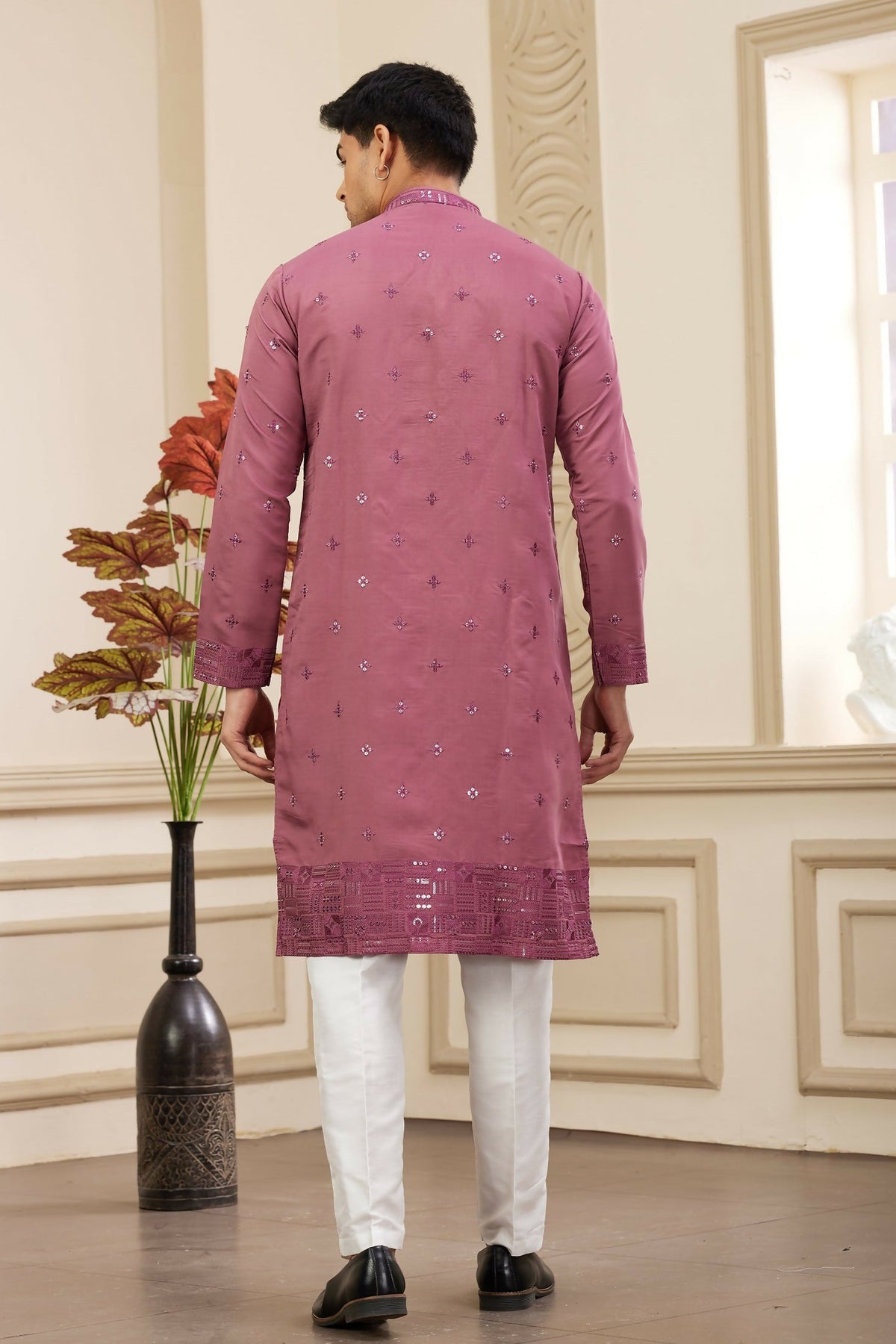 Raivat Ethnic Men's Art Silk Thread Work Kurta Pyjama In Mauve Colour | Grocsy