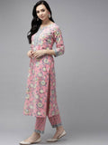 Yufta Pink printed kurta with Trouser & Dupatta Set | Grocsy