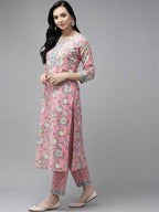 Yufta Pink printed kurta with Trouser & Dupatta Set | Grocsy
