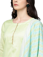 Ahalyaa Women's Sea Green Cotton Blend Solid Kurta Trouser Set With Dupatta | Grocsy