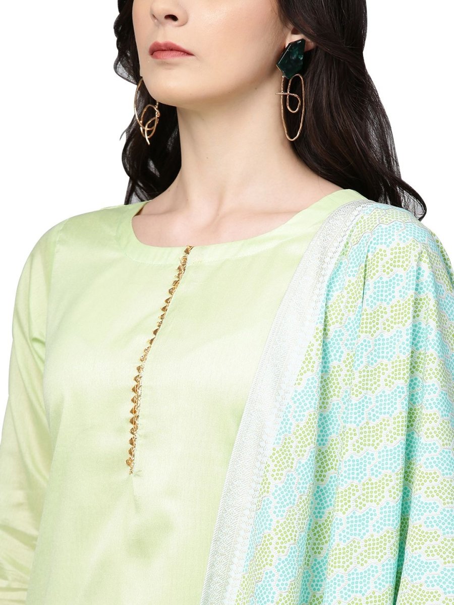 Ahalyaa Women's Sea Green Cotton Blend Solid Kurta Trouser Set With Dupatta | Grocsy