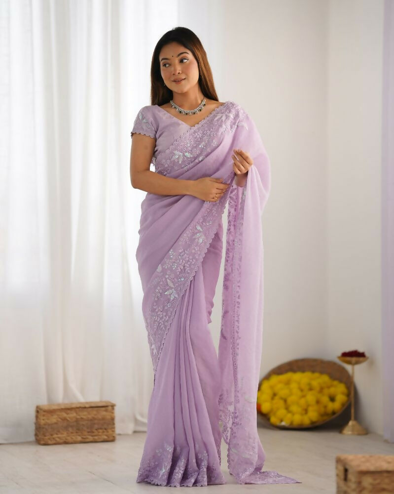 Vamsee Onam Lavender Crushed Fandy Tissue Silk Saree | Grocsy