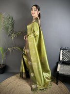Joban Fashion Dusty Green Intricate Zari Weaving Soft Silk Dharmavaram Saree | Grocsy
