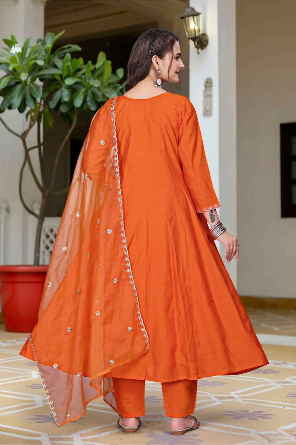 The52 Women's Beautiful Vichitra Fabric Embroidery Work Flared Anarkali Pant and Dupatta Set | Grocsy