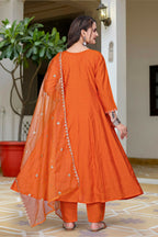 The52 Women's Beautiful Vichitra Fabric Embroidery Work Flared Anarkali Pant and Dupatta Set | Grocsy