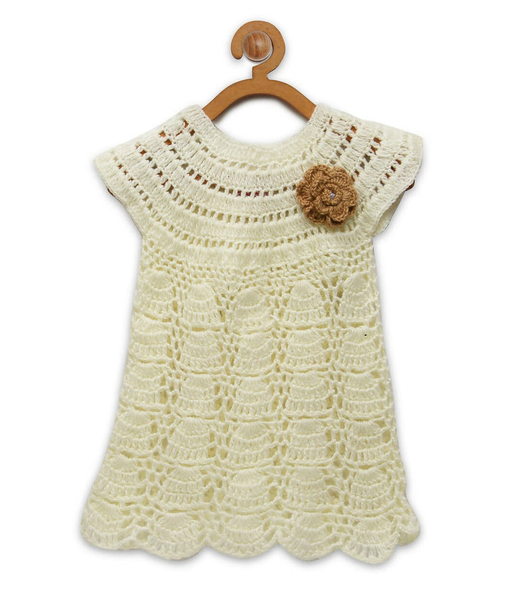 Chutput Kids Cream Coloured Solid Wool Frock - Cream | Grocsy