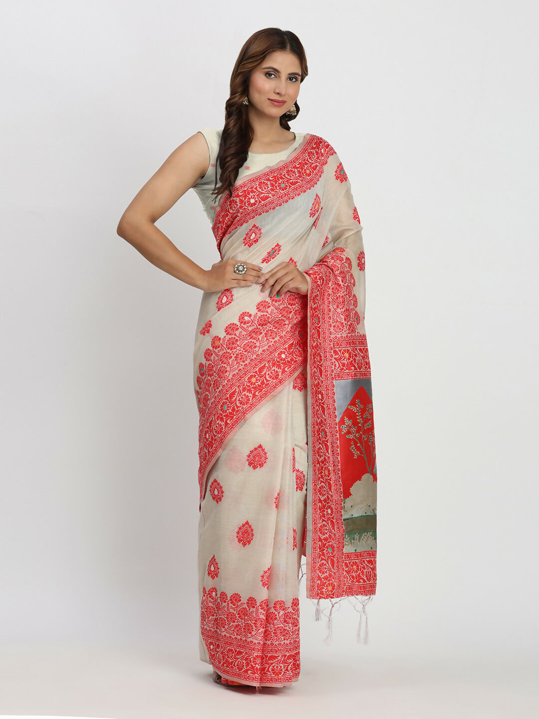 Shree Shyam Fashion Linen Cotton Cream & Red Saree | Grocsy