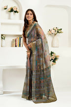 Joban Fashion Dusty Green Floral & Ethnic Motifs Linen Ready To Wear Saree With Unstitched Blouse | Grocsy