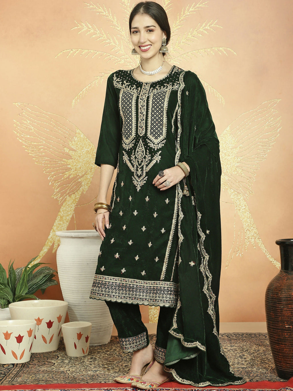 Jyoti Fashion Women's Green Velvet Cording with Resham Thread & Sequin Kurta with Trouser & Dupatta | Grocsy