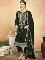 Jyoti Fashion Women's Green Velvet Cording with Resham Thread & Sequin Kurta with Trouser & Dupatta | Grocsy