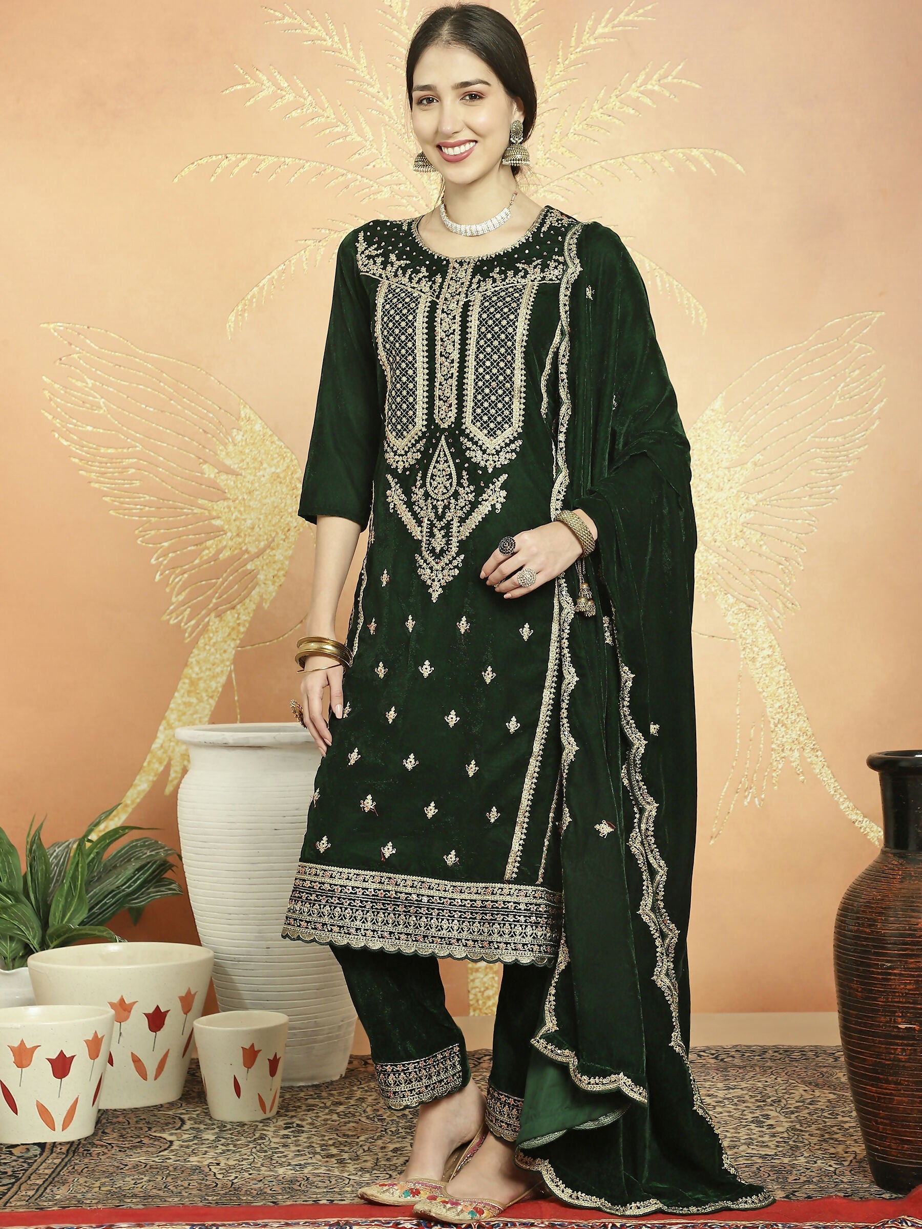 Jyoti Fashion Women's Green Velvet Cording with Resham Thread & Sequin Kurta with Trouser & Dupatta | Grocsy