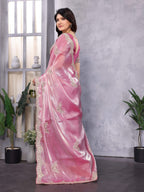Vastranavya Baby Pink Embroidery Work Shimmer Chiffon Saree with Unstitched Blouse | Grocsy