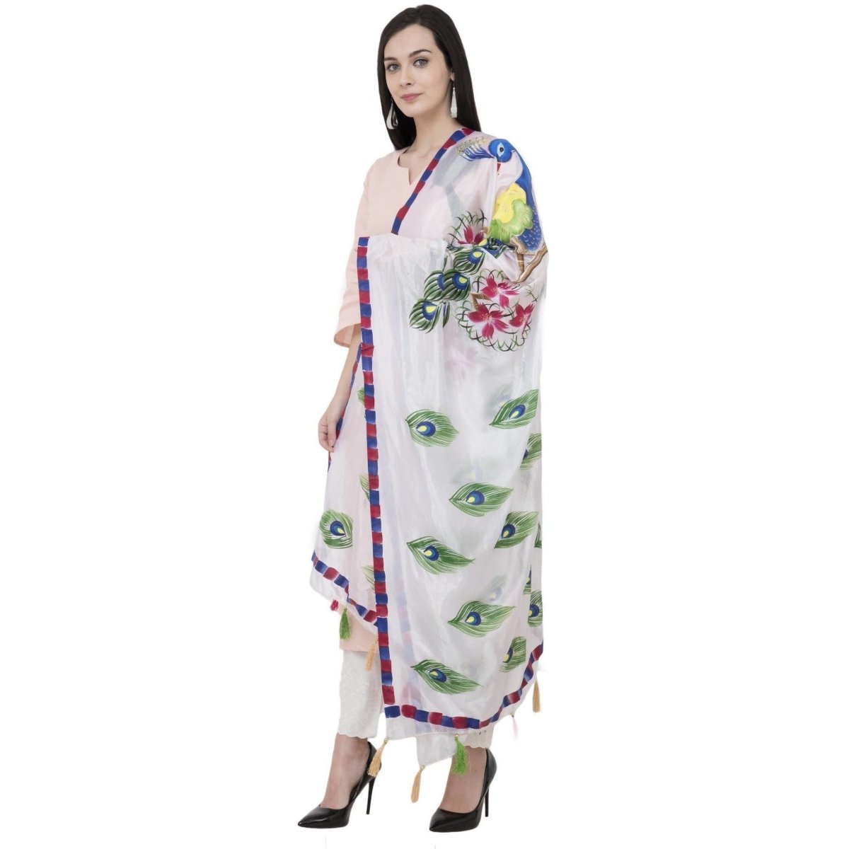 A R Silk Silk Peacock Multi Fancy Dupatta Color White Dupatta or Chunni | Grocsy