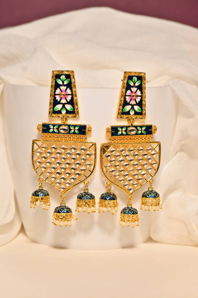 Traditional Gold-Polished Meenakari Blue Jhumka Jhumki Earrings By House of Ree - House of Ree