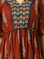 Myshka Women's Rust Printed Cotton Party Dress | Grocsy