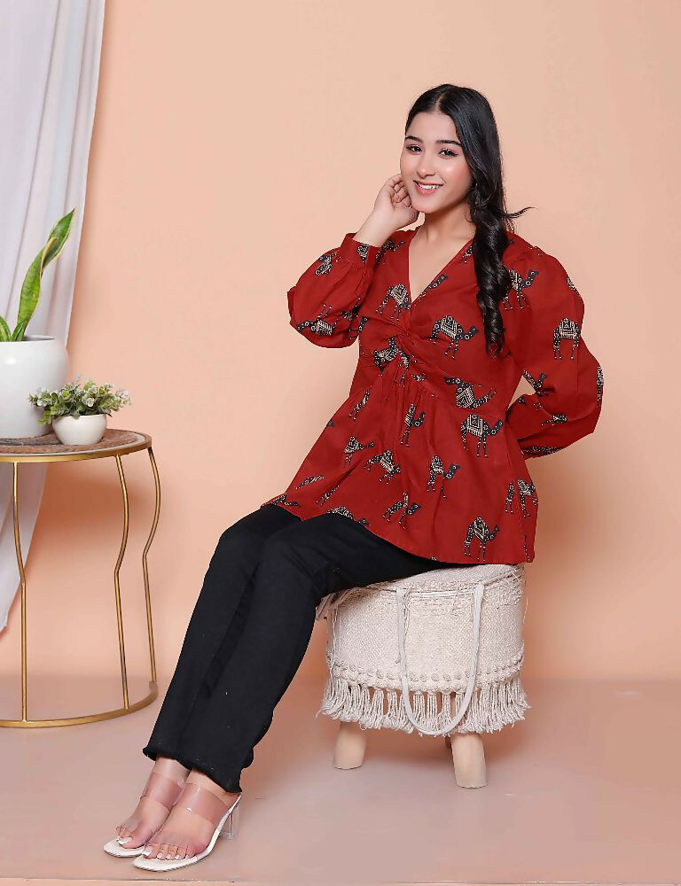 Miravan Womens Brown Animal Printed Balloon Sleeves V Neck Butterfly Top | Grocsy