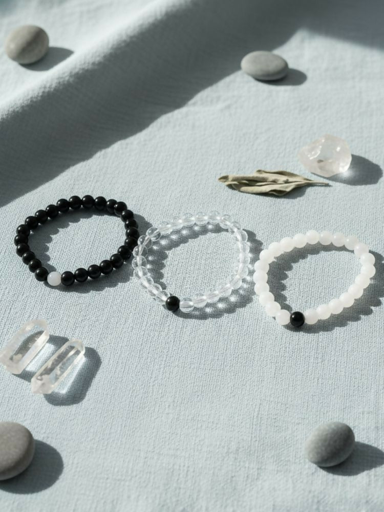 NVR Set of 3 Black & White crystal beaded Bracelet for Men & Women | Grocsy