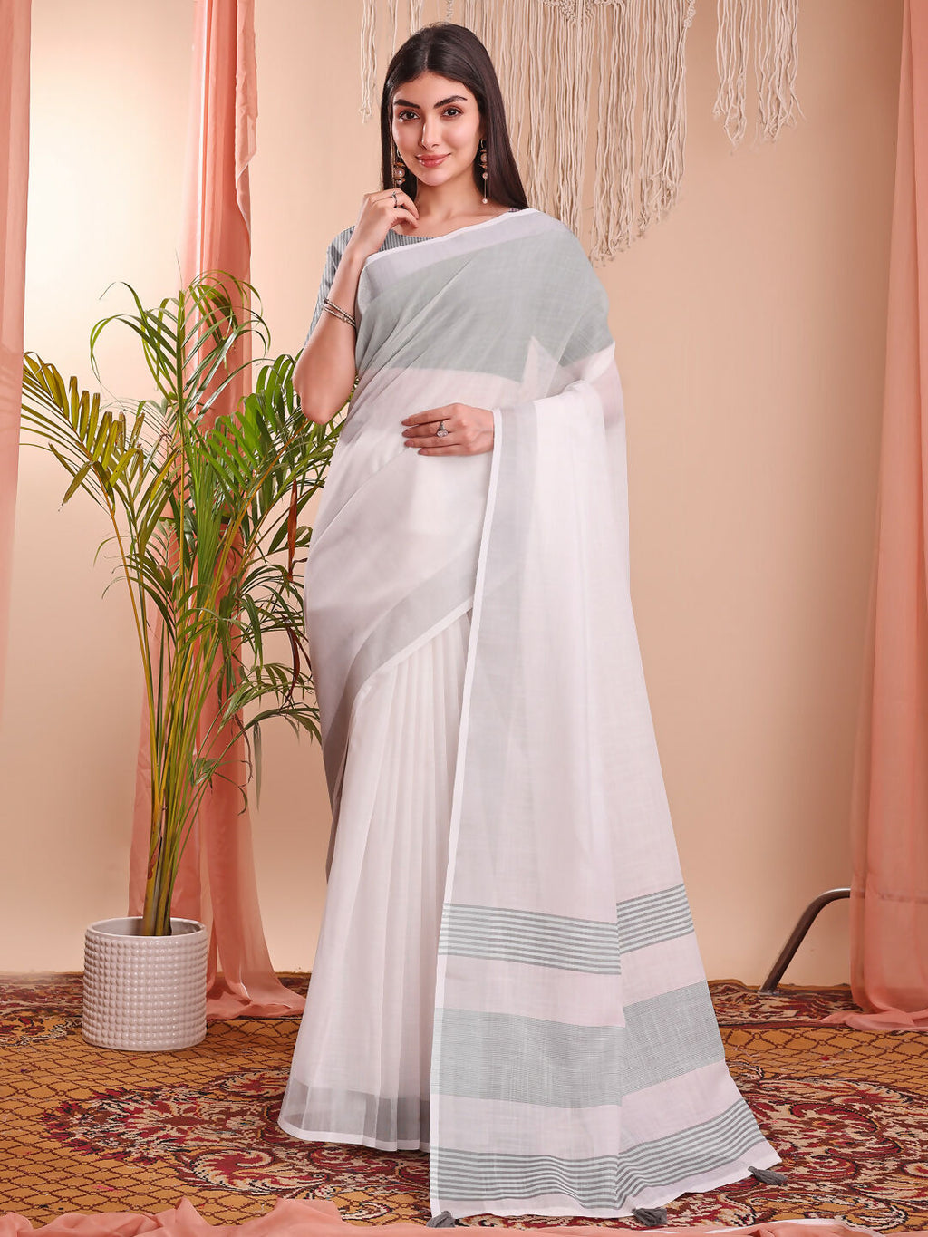 Shree Shyam Fashion The White Loom White Linen Cotton Saree | Grocsy