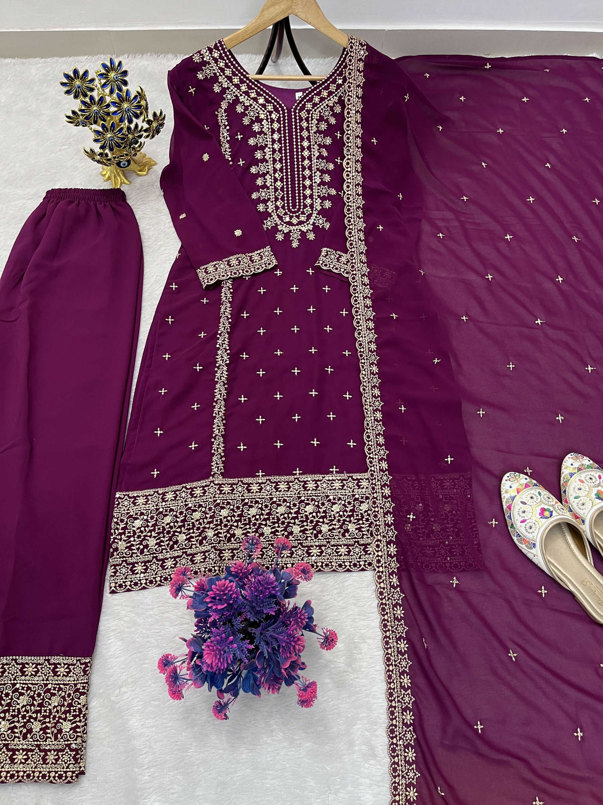 Teeya Creation Wine Color Faux Georgette Embroidery Work Party Wear Salwar Suit | Grocsy