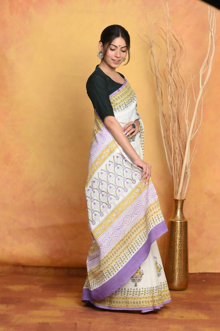 Very Much Indian Handblock Printed Cotton Saree With Natural Dyes - White | Grocsy