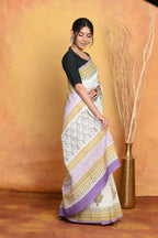Very Much Indian Handblock Printed Cotton Saree With Natural Dyes - White | Grocsy