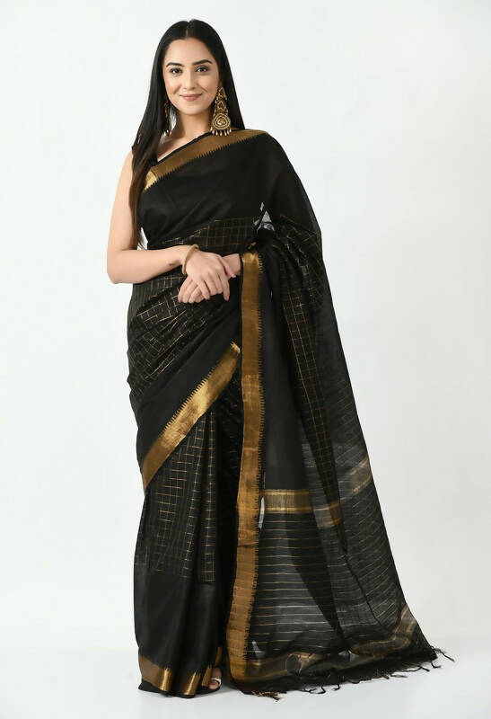 Mominos Fashion Moeza Black Bhagalpuri Handloom Silk Raj Shree Saree with unstitched Blouse piece | Grocsy
