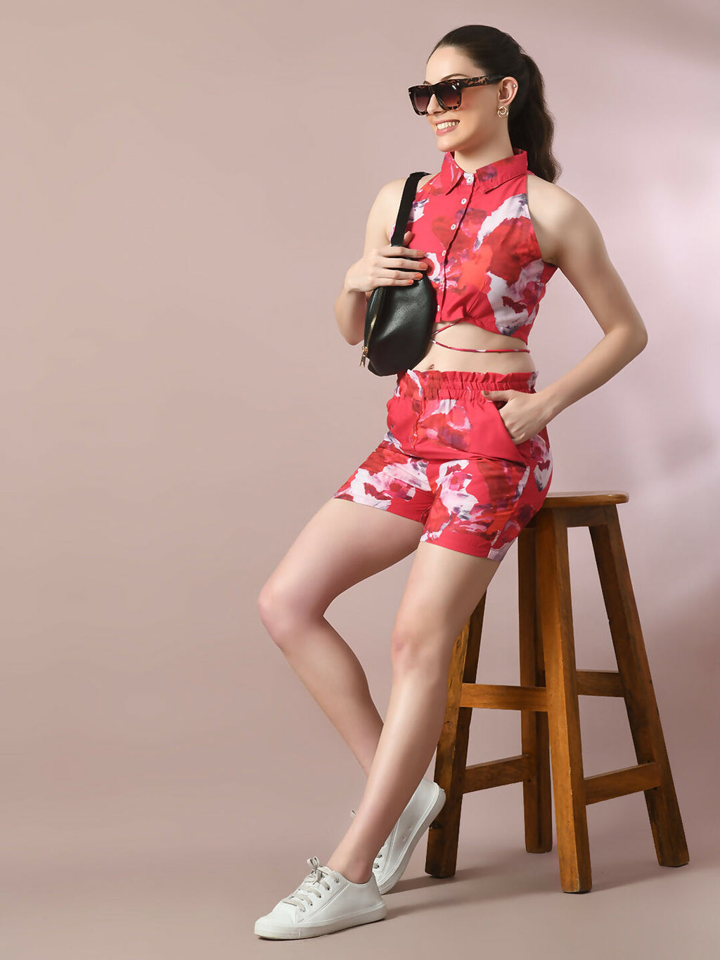 Myshka Women's Multi Printed Shirt Collar Party Top With Shorts Co-ord set | Grocsy
